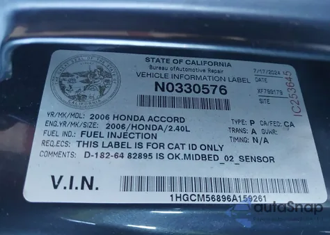 2006 Honda Accord 2.4 Ex z USA, uszkodzony, nr VIN 1HGCM56896A159261